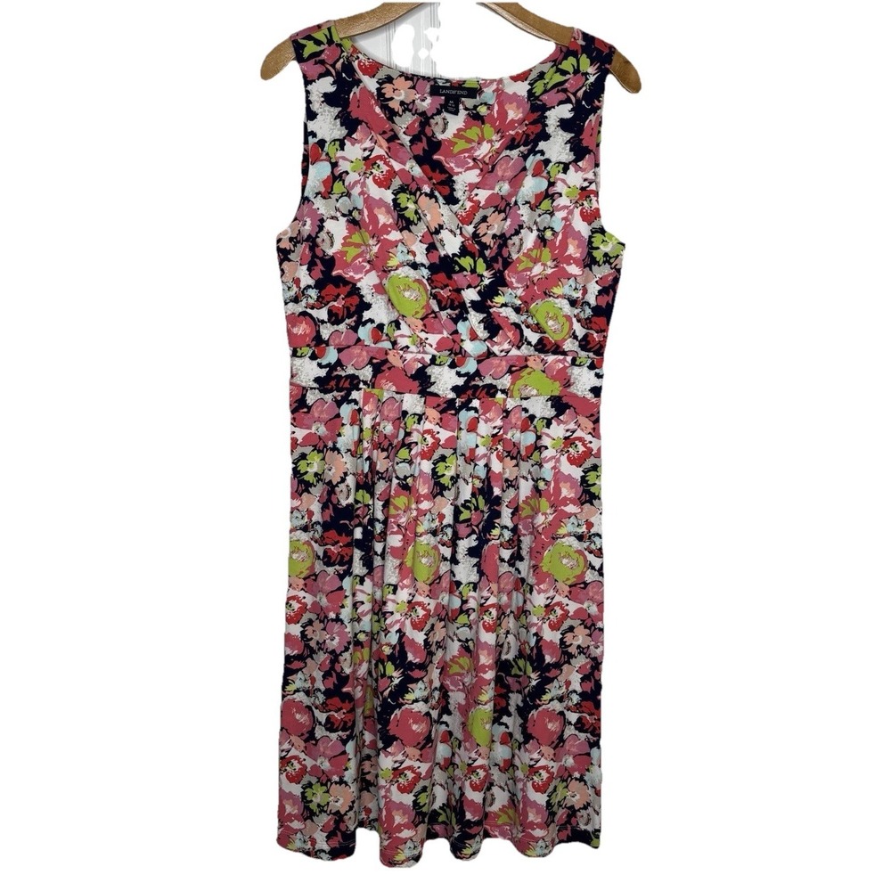 Lands End Dress Med Floral‎ Pink Blue Sleeveless Cotton Jersey Vacation Comfort